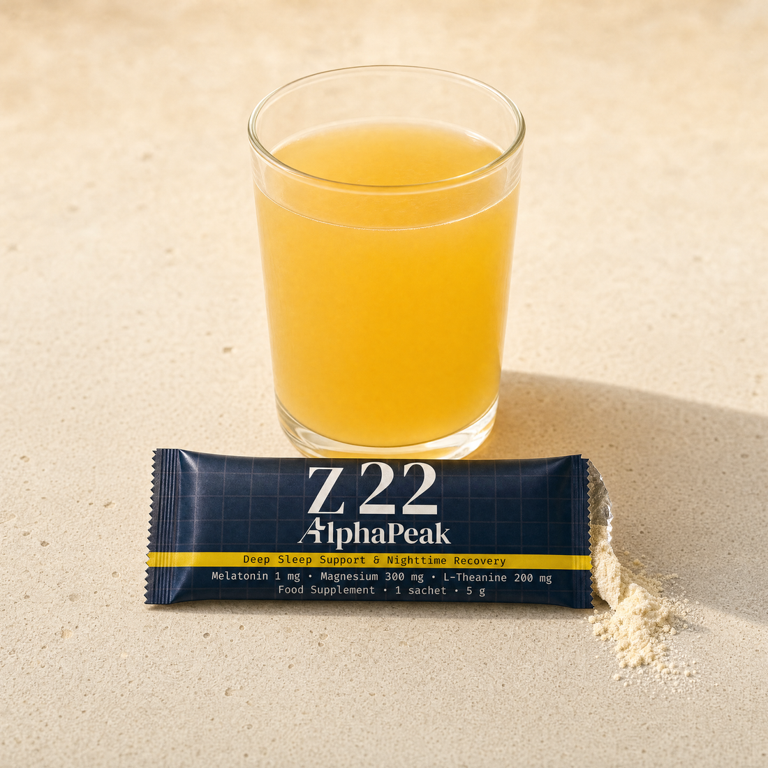 Z22 nighttime drink — cloudy golden glass with the sachet