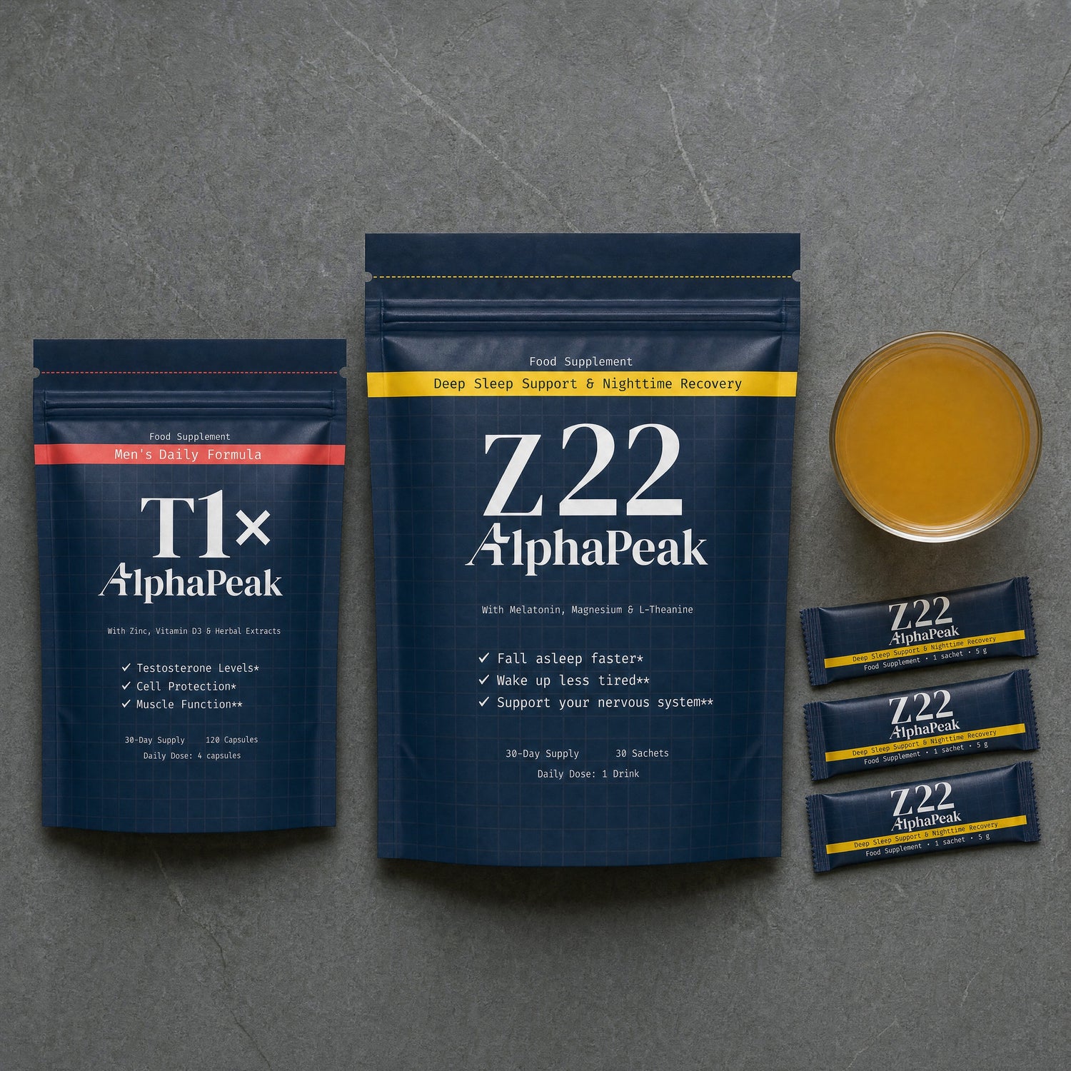 Full Protocol flatlay: T1x pouch, Z22 pouch and sachets