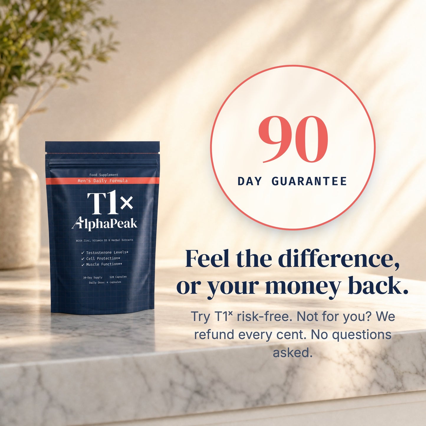 [en] Alpha Peak T1x pouch with 90-day money-back guarantee seal. Feel the difference or your money back.