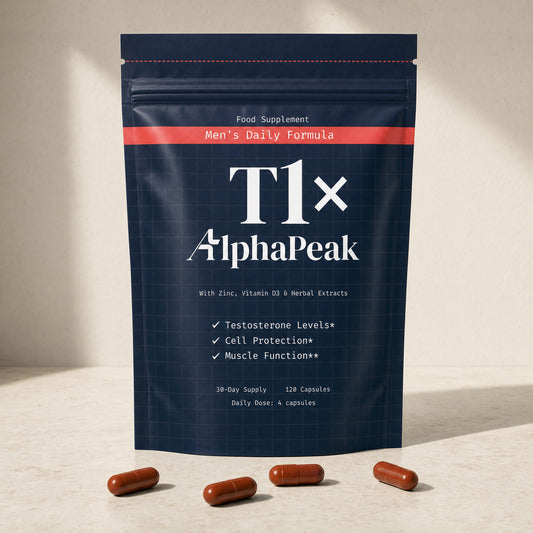 Alpha Peak T1x Daily Formula testosterone-support pouch with four rust capsules on marble