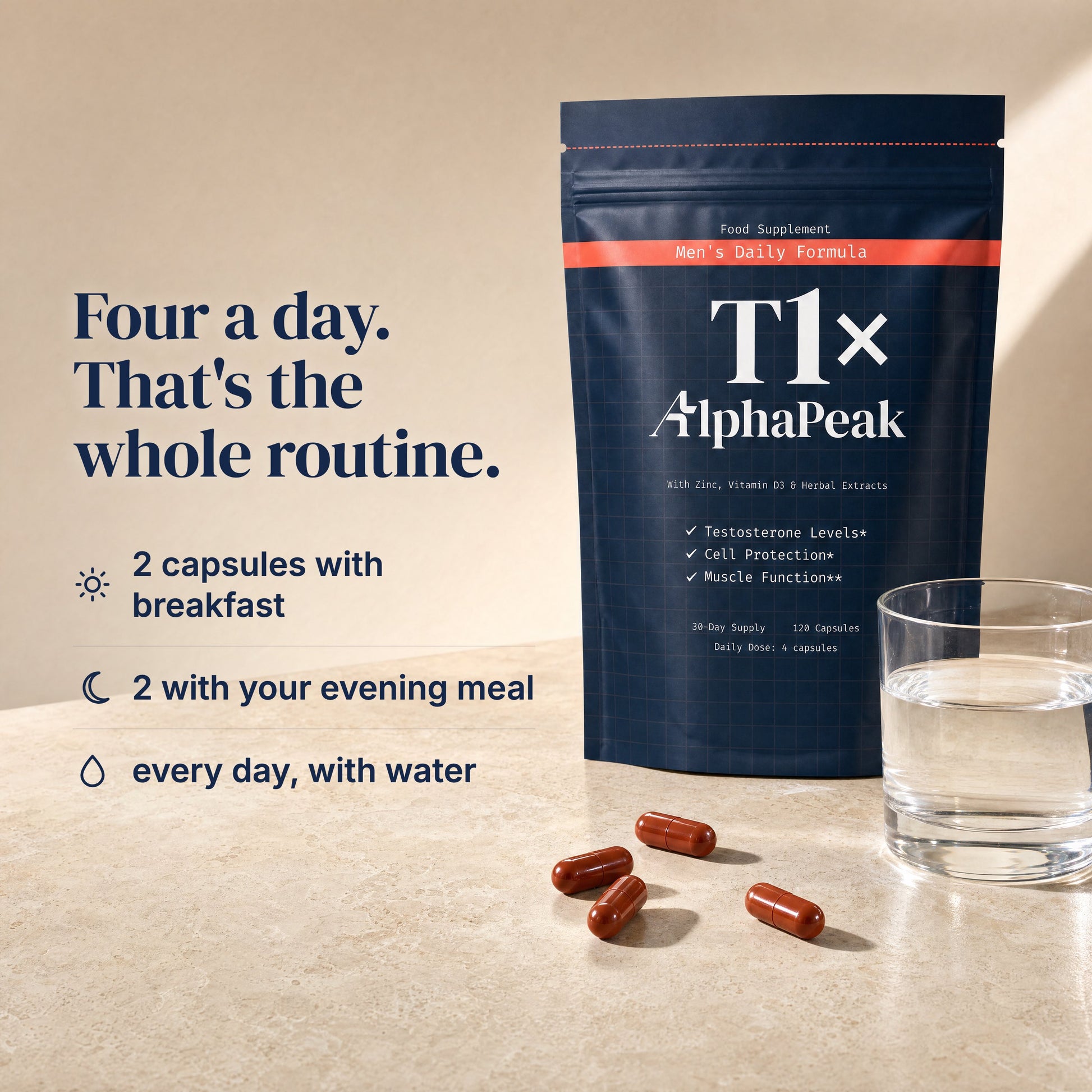 [en] Alpha Peak T1x pouch with capsules and a glass of water. Four a day: 2 capsules with breakfast, 2 with your evening meal.