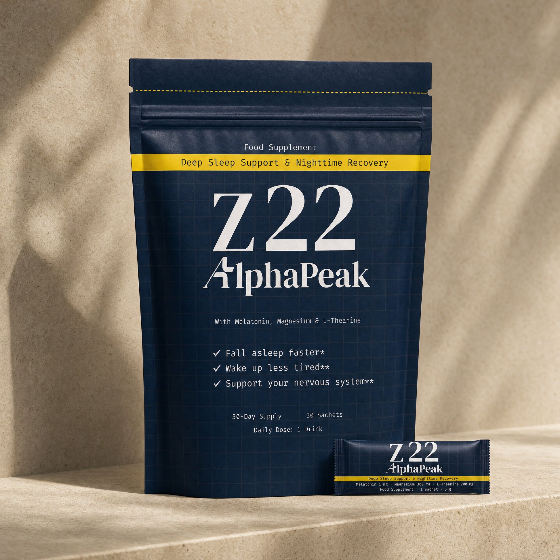 Alpha Peak Z22 night formula pouch with sachet. Melatonin 1 mg, magnesium, L-theanine.