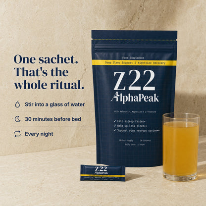 [en] Alpha Peak Z22 pouch and sachet with the night drink. One sachet stirred into a glass of water, 30 minutes before bed, every night.
