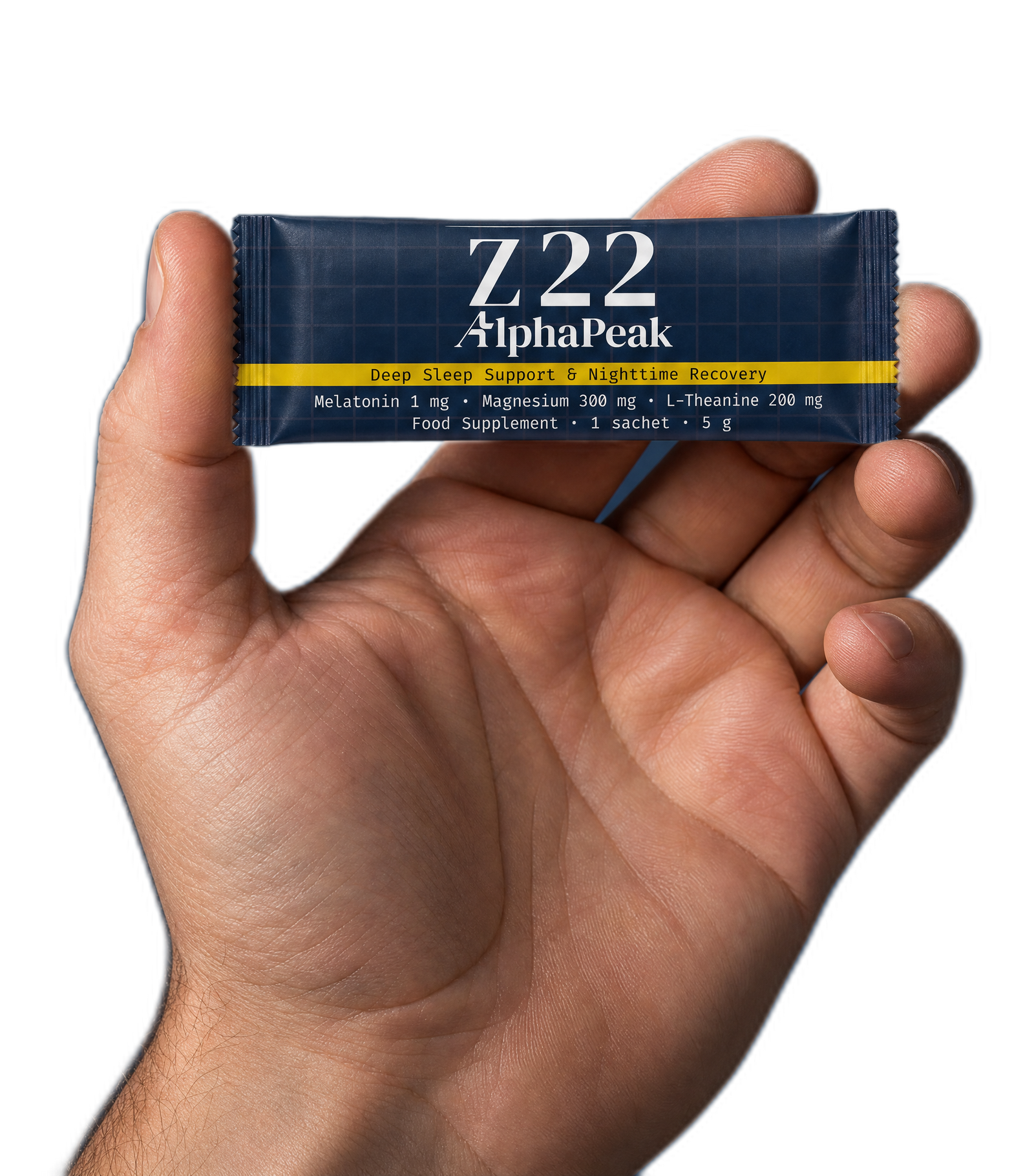 Hand holding an AlphaPeak Z22 sachet — Deep Sleep Support
